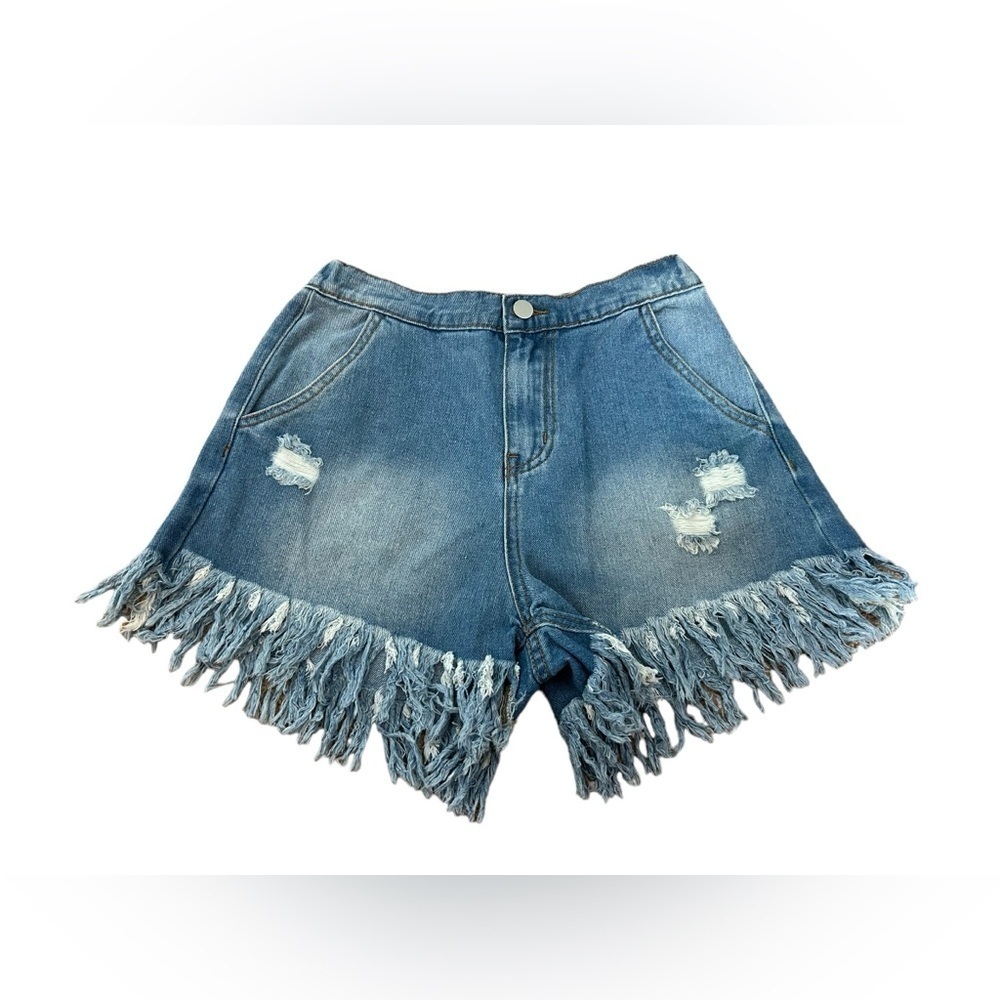 Hayden Distressed Medium Blue Fringed Pull On Denim Shorts Size Small NWT